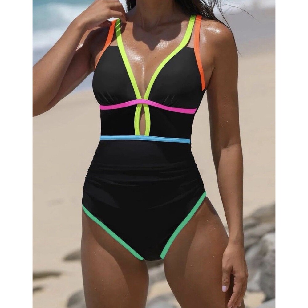 POPVIL Women's One Piece Swimsuit Tummy Control Sexy Cutout Neon Color Block L